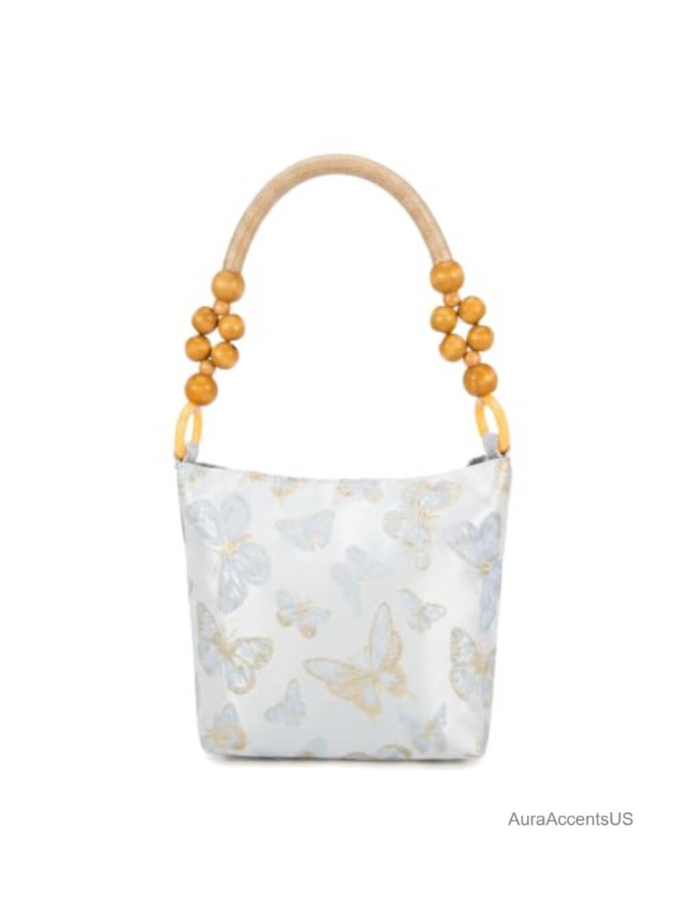 Jacquard Butterfly Tote Bag with Beaded Wooden Ring Handle